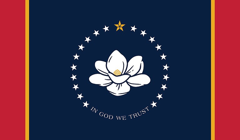 A single design is on the ballot for a yes-or-no vote. It has a magnolia on a dark blue background with red bars on either end. The state flower is encircled by the phrase “In God We Trust” and stars representing Mississippi as the 20th state. Photo courtesy MDAH