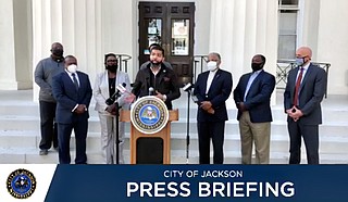 Mayor Chokwe A. Lumumba announced the formation of a task force on the development of south and west Jackson Thursday. Potential members of the task force flanked him at the briefing. Photo courtesy City of Jackson