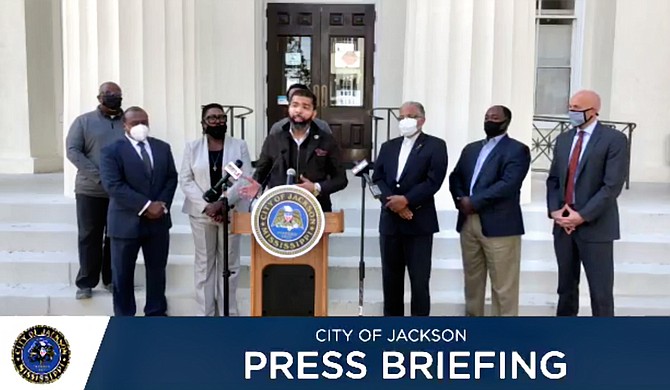 Mayor Chokwe A. Lumumba announced the formation of a task force on the development of south and west Jackson Thursday. Potential members of the task force flanked him at the briefing. Photo courtesy City of Jackson