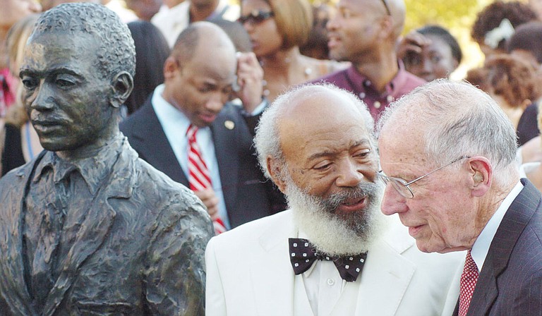 Jackson Free Press Editor Donna Ladd recounts the influence two remarkable men—James Meredith (left next to his University of Mississippi statue) and Gov. William Winter (right) have had on her life and this newspaper. Photo by Bruce Newman/Oxford Eagle via AP