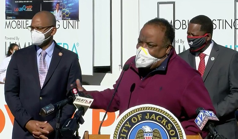 Charles Pickett, chief executive officer of a mobile laboratory company, LABLINQ, explained the importance of testing to mitigate the risk of COVID-19 virus at a press conference on Thursday, Jan. 14. Screenshot courtesy WLBT