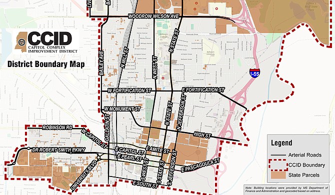 Mississippi Capitol Police originally patrolled the few blocks surrounding the Capitol building in downtown Jackson, but gained a larger area of jurisdiction in 2017 after the Legislature established the Capitol Complex Improvement District. If the bill becomes law, those arrested under misdemeanor charges starting May 1, 2021, in this area may be sent out of the county until they make bail or go to trial. Map courtesy MSDFA