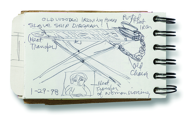 "Betye Saar: Call and Response" features sketches and 18 assemblages and collages made from found objects, as well as a dozen of Los-Angeles based artist Betye Saar's travel sketchbooks. Shown here; Betye Saar (American, b. 1926), Sketchbook, 1/29/98. ballpoint pen on paper. 6 x 3 ¼ in. Collection of Betye Saar, courtesy of the artist and Roberts Projects, Los Angeles, CA. EX.8646.13 
Photo courtesy Mississippi Museum of Art