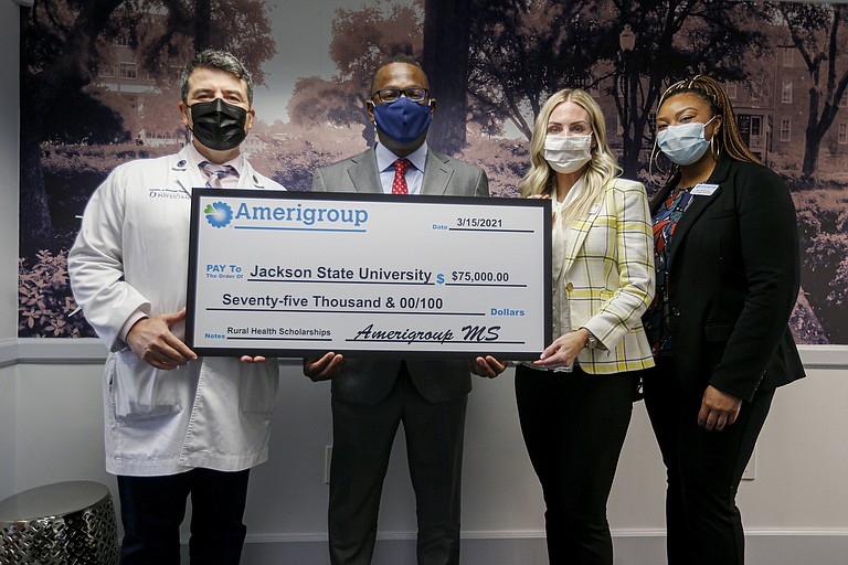 Amerigroup, a Medicaid-managed care company that promotes healthier communities, recently donated $75,000 to Jackson State University for scholarships for students with health-related majors. Photo courtesy JSU