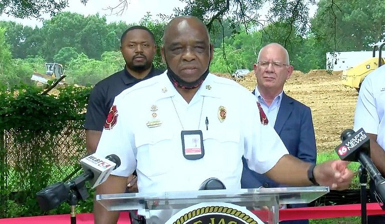 Jackson Fire Department Chief Willie Owens, on Monday, June 14, giving a speech at the construction site for the new Fire Station 20 along Medgar Ever Boulevard, Jackson. Photo courtesy WLBT