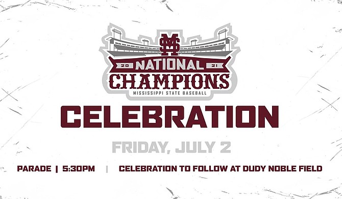 Mississippi State University will host a parade through downtown Starkville on Friday, July 2, at 5:30 p.m. to celebrate its 2021 Baseball National Championship, culminating with an event inside Dudy Noble Field at Polk-Dement Stadium. Photo courtesy MSU