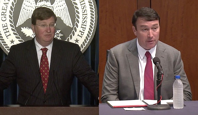 Mississippi Gov. Tate Reeves (left) and Department of Public Safety Commissioner Sean Tindell announced an initiative on July 14 to increase State of Mississippi law enforcement presence in select parts of the capital city, following the passage of two bills that expand the jurisdiction of state law enforcement entities here. Photos Courtesy State of Mississippi