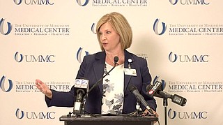 Dr. LouAnn Woodward explained how the recent surge in COVID-19 cases due to the contagious Delta variant contributed to the decision to require vaccines or N95 masks on all UMMC campus grounds. Photo courtesy UMMC