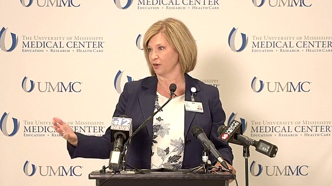 Dr. LouAnn Woodward explained how the recent surge in COVID-19 cases due to the contagious Delta variant contributed to the decision to require vaccines or N95 masks on all UMMC campus grounds. Photo courtesy UMMC