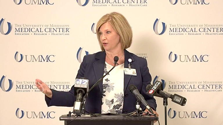 Dr. LouAnn Woodward explained how the recent surge in COVID-19 cases due to the contagious Delta variant contributed to the decision to require vaccines or N95 masks on all UMMC campus grounds. Photo courtesy UMMC