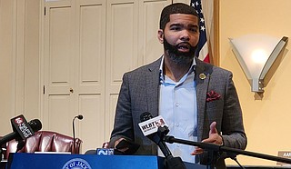 Mayor Chokwe A. Lumumba, at a press briefing on Monday, Oct. 11, praised his late mother, Nubia, for having the courage to leave an abusive relationship. Photo by Nick Judin