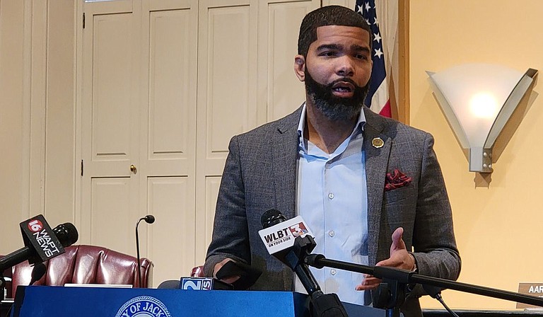 Mayor Chokwe A. Lumumba, at a press briefing on Monday, Oct. 11, praised his late mother, Nubia, for having the courage to leave an abusive relationship. Photo by Nick Judin