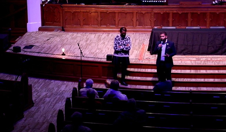 Mayor Chokwe A. Lumumba addressed people gathered at Fondren Church on Thursday, Nov. 11, for a town hall on the City’s garbage-disposal contract process. City Attorney Catoria P. Martin stands beside him. The City will hold another town hall 6 p.m. today, Nov. 18, at New Horizon Church on Ellis Avenue. Photo courtesy City of Jackson