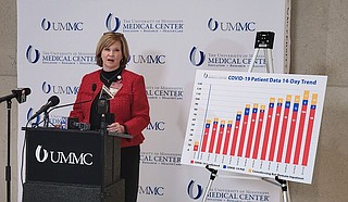 Dr. LouAnn Woodward, vice chancellor and dean of the University of Mississippi Medical Center, held a press conference warning, yet again, of rapidly filling hospital capacity and an ongoing staff shortage. Photo by Nick Judin