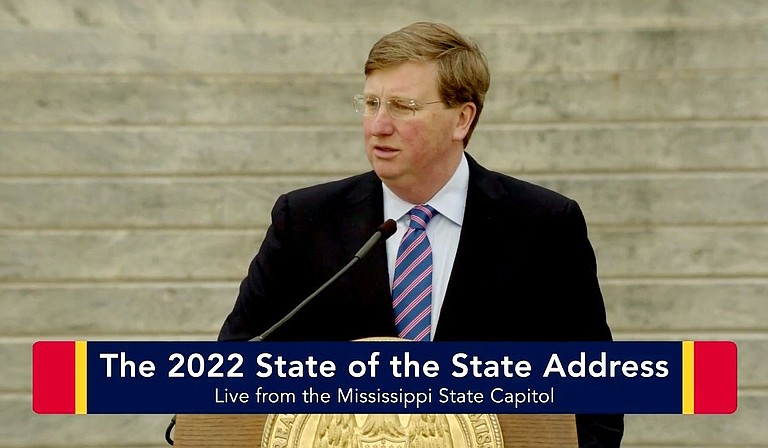 Gov. Tate Reeves spoke on past accomplishments and future priorities for his administration. The governor held the speech outside for the third year in a row amid record numbers of COVID-19 cases. Photo courtesy State of Mississippi.