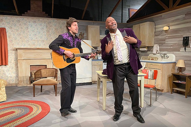 Austin Hohnke and Mark G. Henderson star in New Stage Theatre’s production of “I Just Stopped by to See the Man” as English rocker Karl and blues musician Jesse “The Man” Davidson, respectively.  It runs Feb. 2-13, 2022. Photo by Kyle Tillman