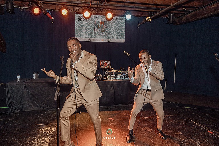 At 2022 Jackson Indie Music Week’s rap concert, Akeem Ali and choreographer Javadric Kelly dressed in 1970s style to perform songs as Ali’s rap persona, Keemy Casanova. Photo by William Lindsey / Courtesy of Jackson Indie Music Week