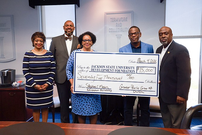 Jackson State University recently received a $75,000 education endowment named for the late Stephen F. Mason, the 17th pastor of the Greater Pearlie Grove M.B. Church. Photo courtesy Charles A. Smith/JSU