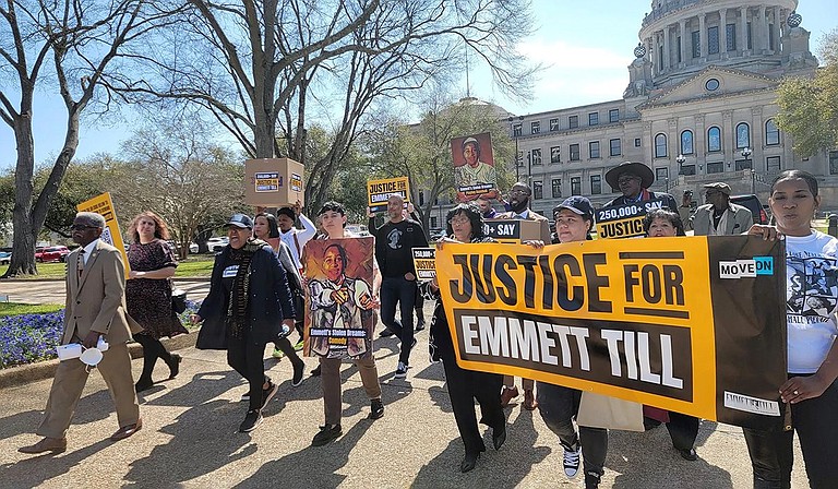 A collection of Emmett Till’s living family members, activists, and supporters spoke at the Mississippi Capitol and marched on the Sillers Building on March 11, 2022, demanding justice for Emmett Till and the prosecution of Carolyn Bryant-Donham. Photo by Nick Judin