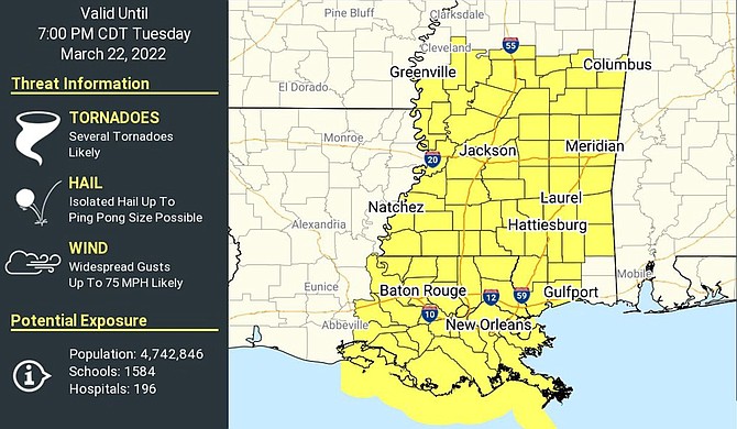 Mayor Chokwe A. Lumumba signed a proclamation of a local weather emergency this morning, as severe storms move eastward into Mississippi. The storms left injuries and destruction in their wake as the front traveled across Texas and Louisiana. Image credit National Weather Service.