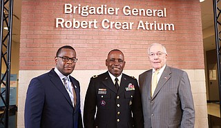 Jackson State University President Thomas K. Hudson and other JSU faculty recently held a ceremony to unveil the Brigadier General Robert Crear CSET atrium on the JSU campus. Photo courtesy JSU