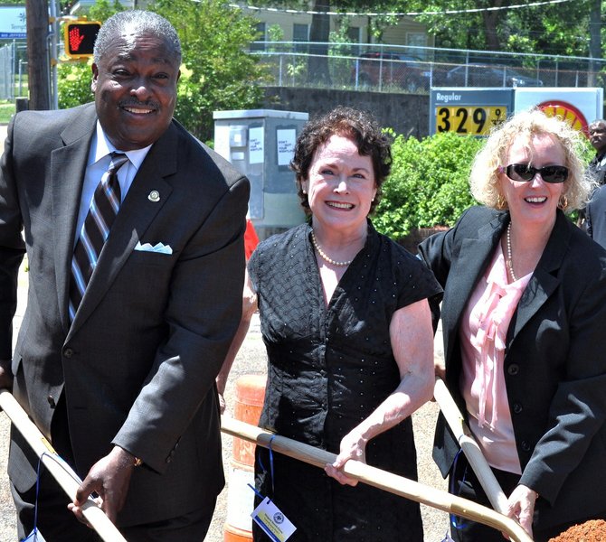 The city broke ground yesterday on improvements to Fortification Street. Pictured, left to right, are Mayor Harvey Johnson Jr., Ward 7 Councilwoman Margaret Barrett-Simon and Greater Belhaven Neighborhood Foundation Executive Director Virgi Lindsay.