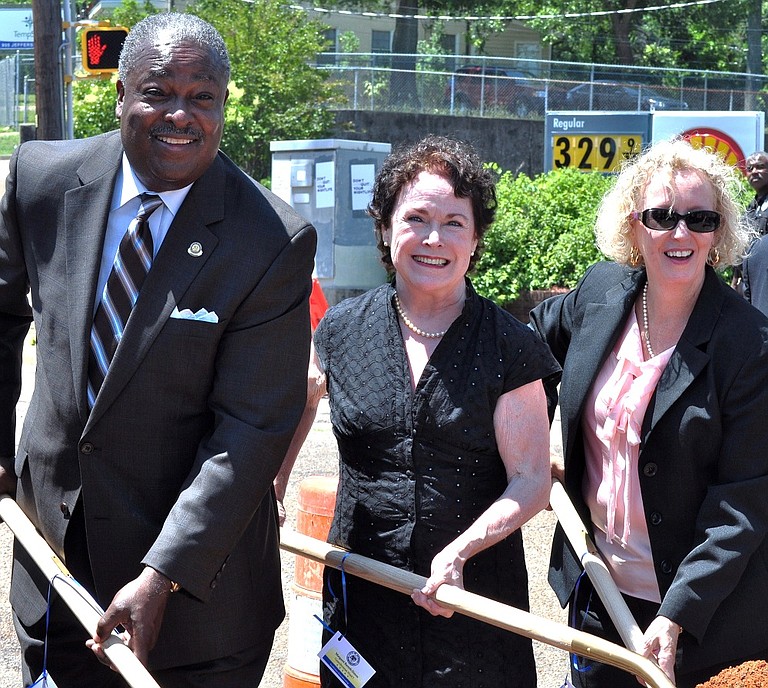 The city broke ground yesterday on improvements to Fortification Street. Pictured, left to right, are Mayor Harvey Johnson Jr., Ward 7 Councilwoman Margaret Barrett-Simon and Greater Belhaven Neighborhood Foundation Executive Director Virgi Lindsay.
