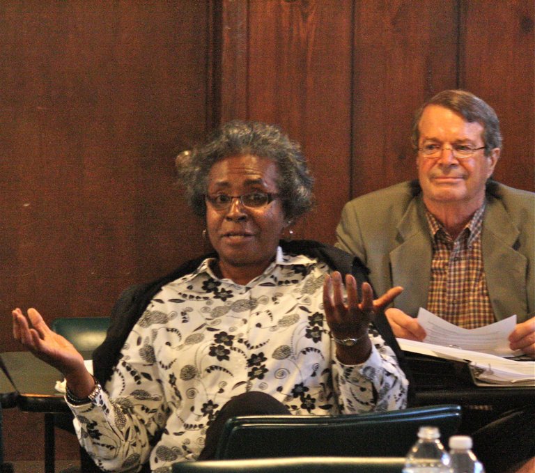 Marva Clark, director of substance abuse services at Hinds Behavioral Health Services, talks to the Fresh Start Task Force Thursday as Michael Raff, Jackson's director of human and cultural services, looks on.