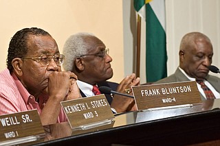 The Jackson City Council is having a hard time finding money for pay raises this year. Pictured from left: Frank Bluntson and Leslie McLemore.