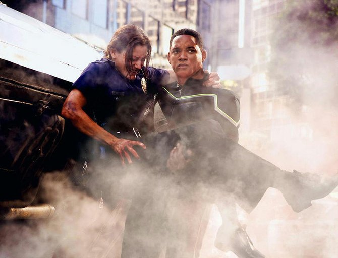 Will Smith (right) plays an unlikely, unconventional super hero in "Hancock."