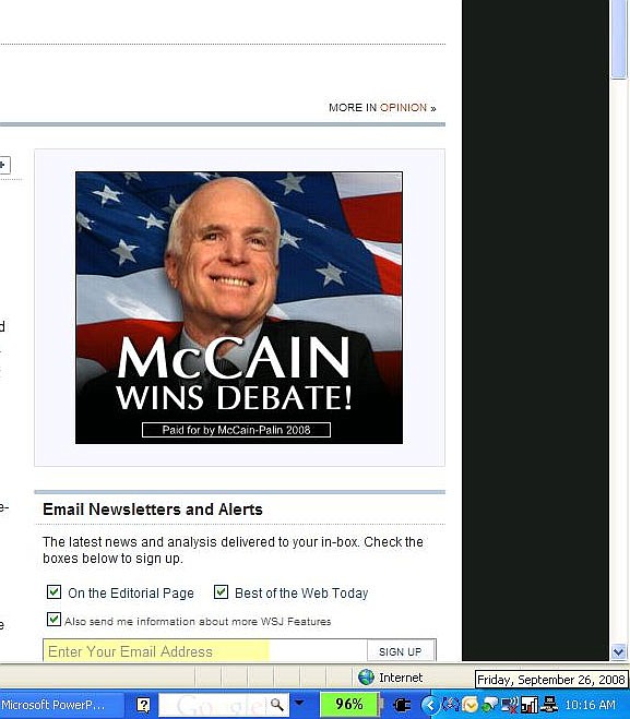 A Wall Street Journal web ad announcing McCain's debate victory long before the debate happens.