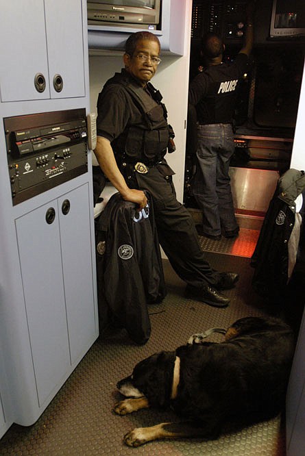 Jackson Mayor Frank Melton in the Mobile Command Center during an April 2006 raid.
