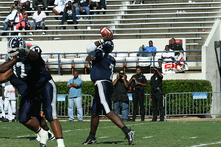 Jackson State quarterback Trae Rutland (right) suffered from shoulder tendonitis early this season, but is improving.