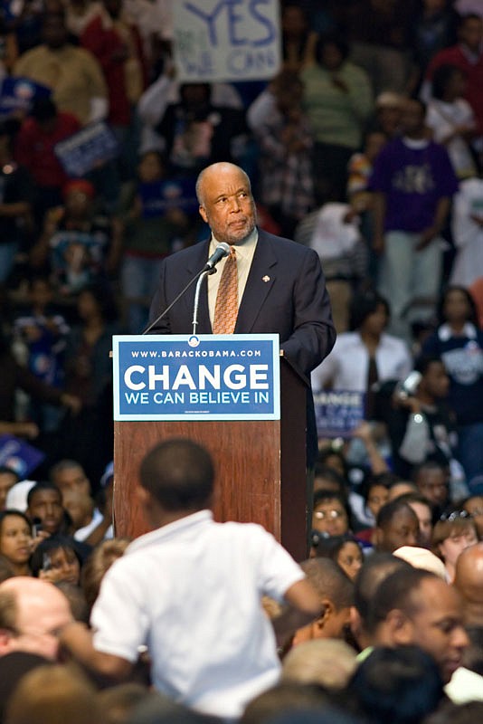 Democratic incumbent U.S. Rep. Bennie Thompson introduced presidential nominee Sen. Barack Obama at a Jackson rally in March 2008.